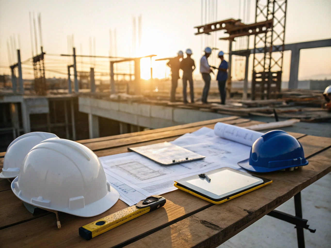 Architectural drawings and project schedule reviewed on site workbench
